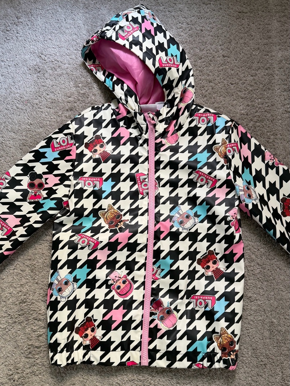L.O.L. Surprise! Girls Black White Houndstooth Raincoat with Pink & Teal Accents